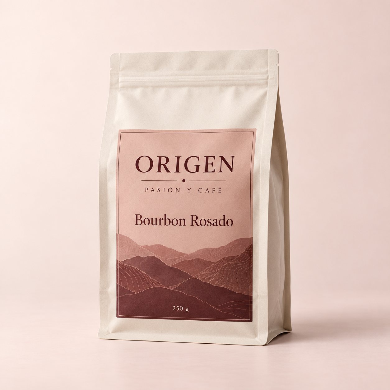 Ilustración de una bolsa de Bourbon Rosado de 250 g de Origen, Pasión y Café