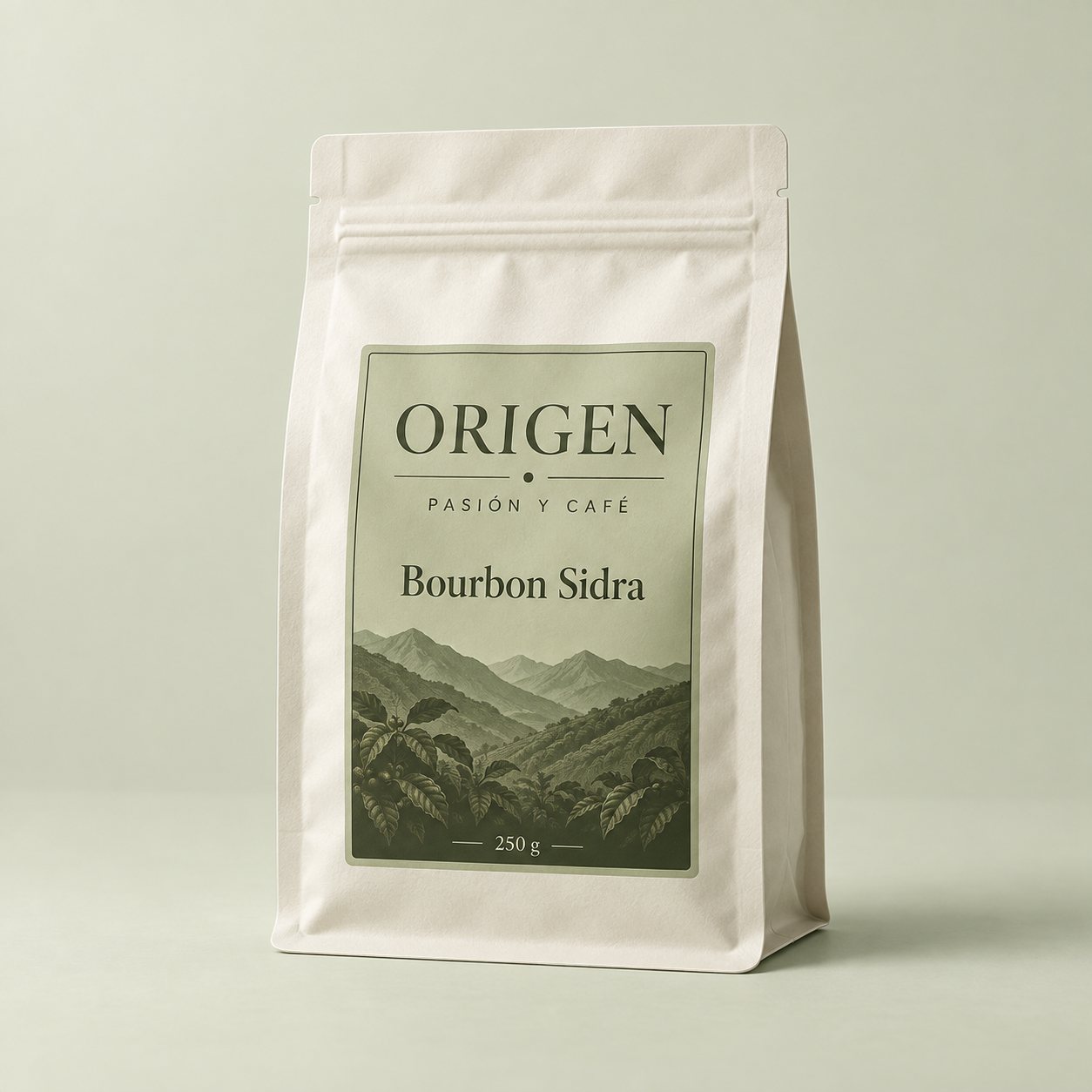 Ilustración de una bolsa de Bourbon Sidra de 250 g de Origen, Pasión y Café